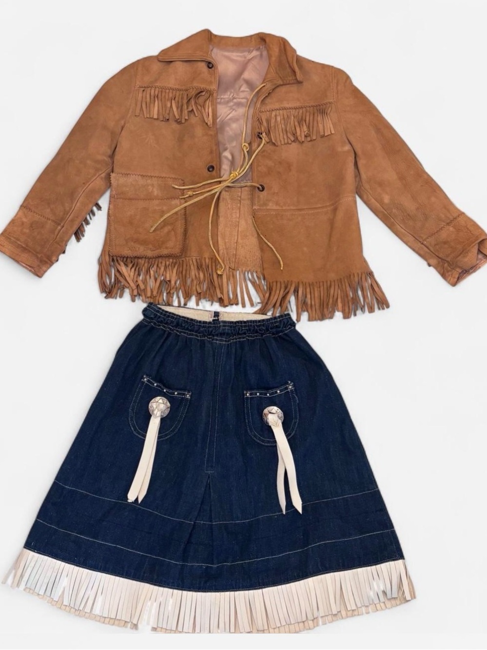 Vintage Handmade Fringed Suede Jacket and Denim Skirt Set - Brown and Navy